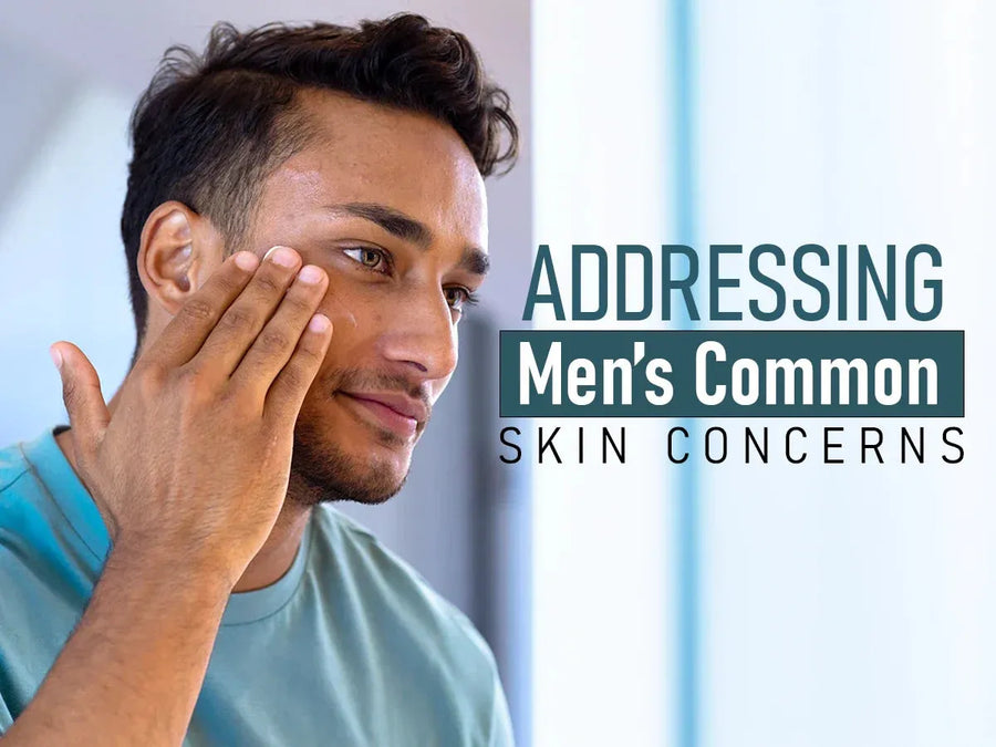 A man touches his cheek while looking in a mirror, next to text that reads: "Addressing Men's Common Skin Concerns.