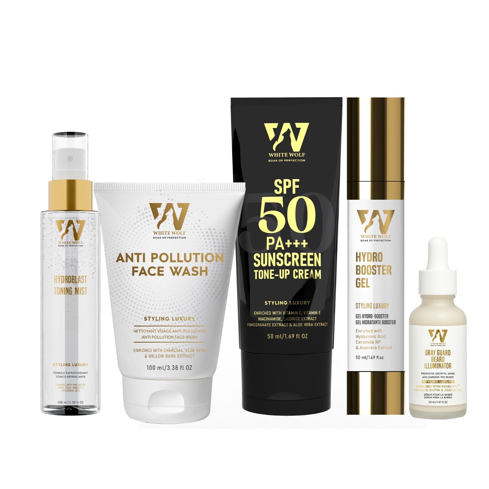 Alpha's Daily Grooming Kit - Facewash + Sunscreen + Hydro Sports Toning Mist + Hydrobooster Gel + Gray Guard