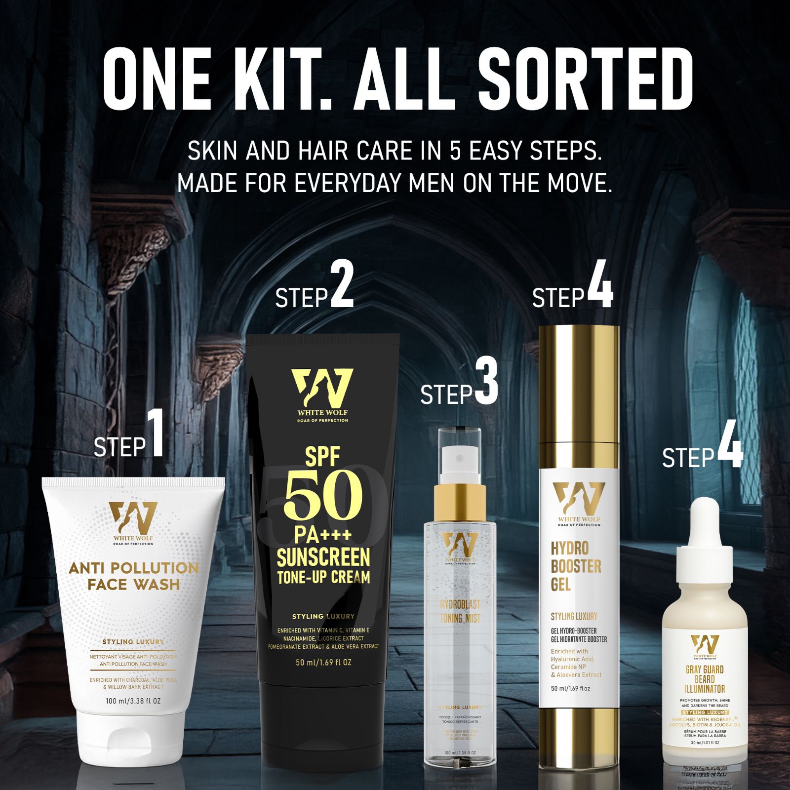 Alpha's Daily Grooming Kit - Facewash + Sunscreen + Hydro Sports Toning Mist + Hydrobooster Gel + Gray Guard