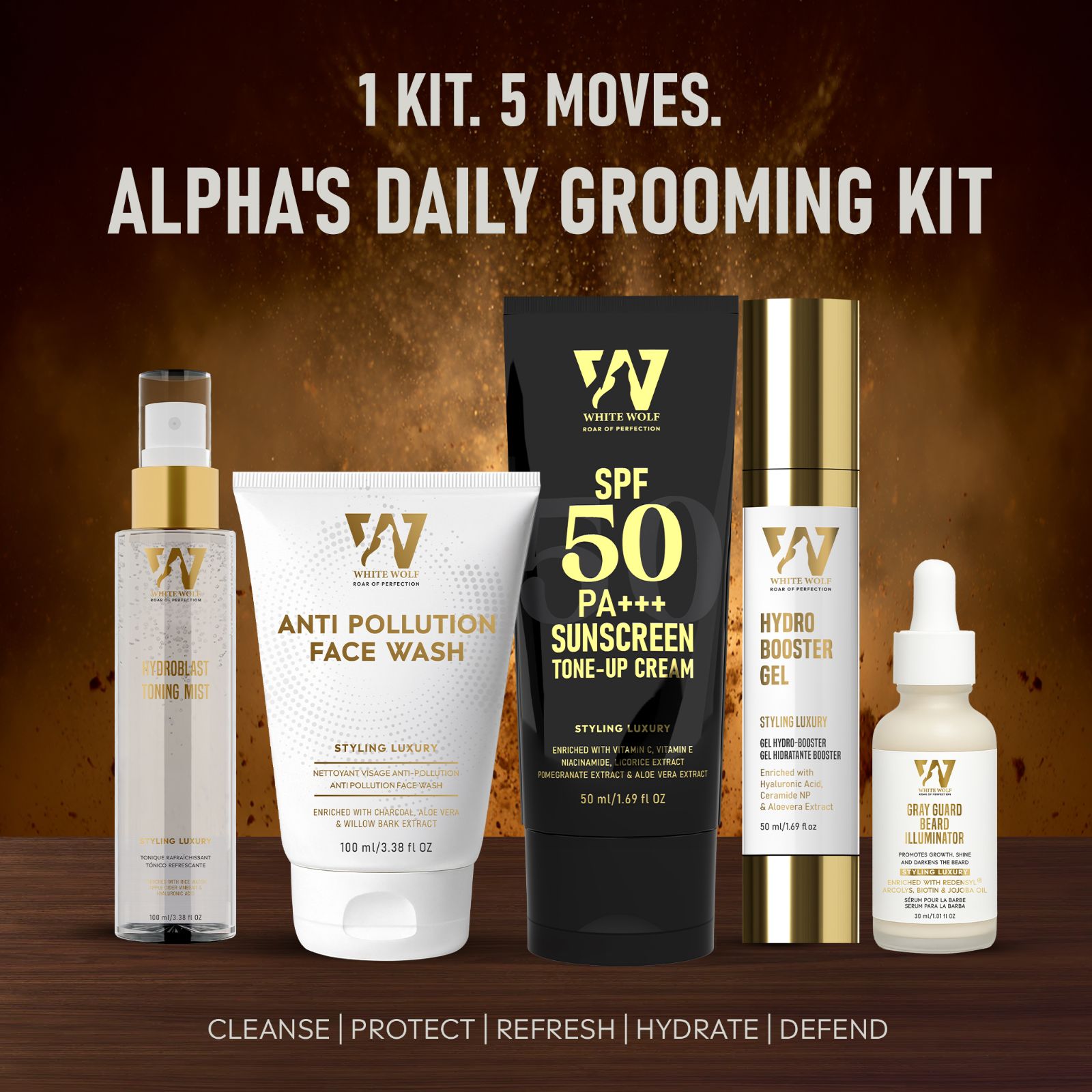 Alpha's Daily Grooming Kit - Facewash + Sunscreen + Hydro Sports Toning Mist + Hydrobooster Gel + Gray Guard