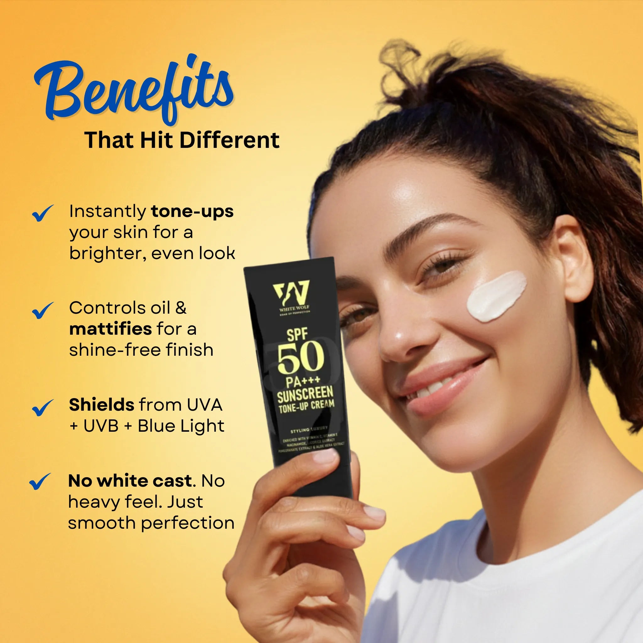 Sunscreen for oily skin SPF 50 PA+++ with niacinamide vitamin C vitamin E 
White Wolf India