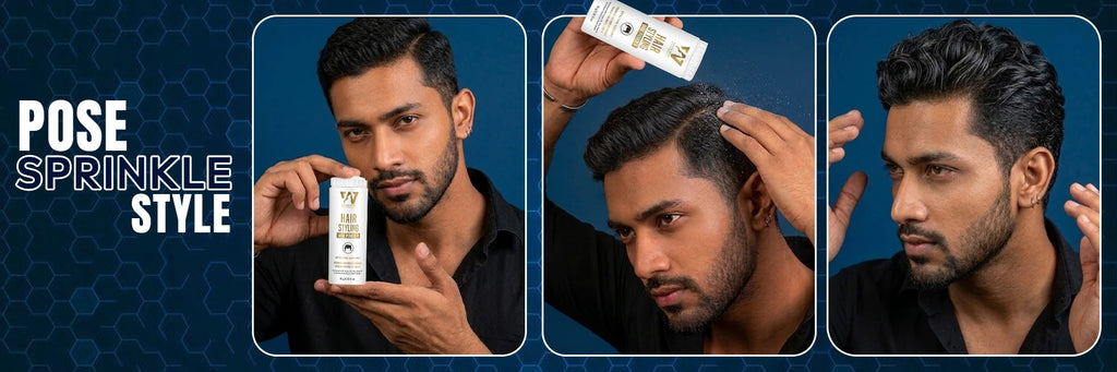 White Wolf Hair Styling Wax Powder application banner showing pose sprinkle and style steps