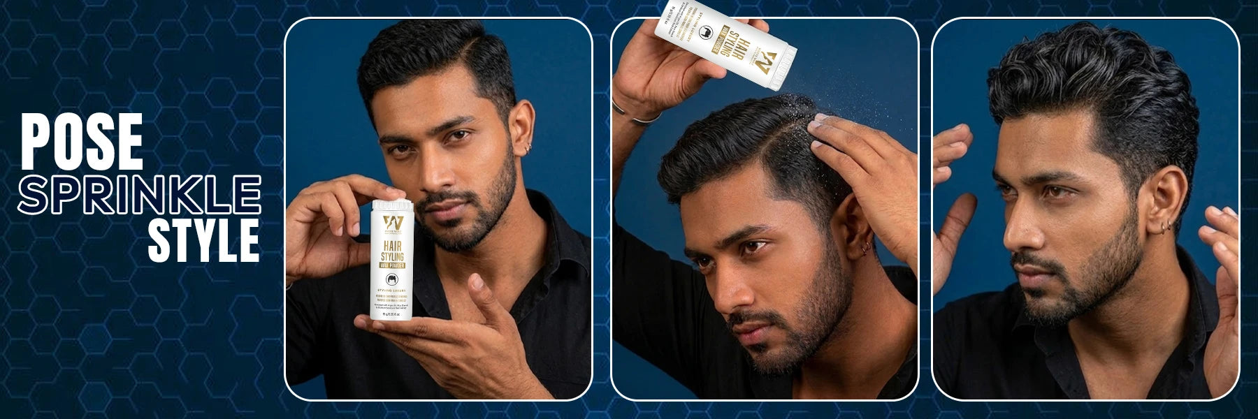 White Wolf Hair Styling Wax Powder application banner showing pose sprinkle and style steps