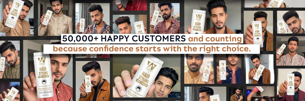 White Wolf Hair Styling Wax Powder banner with customer collage and 50000+ happy customers message