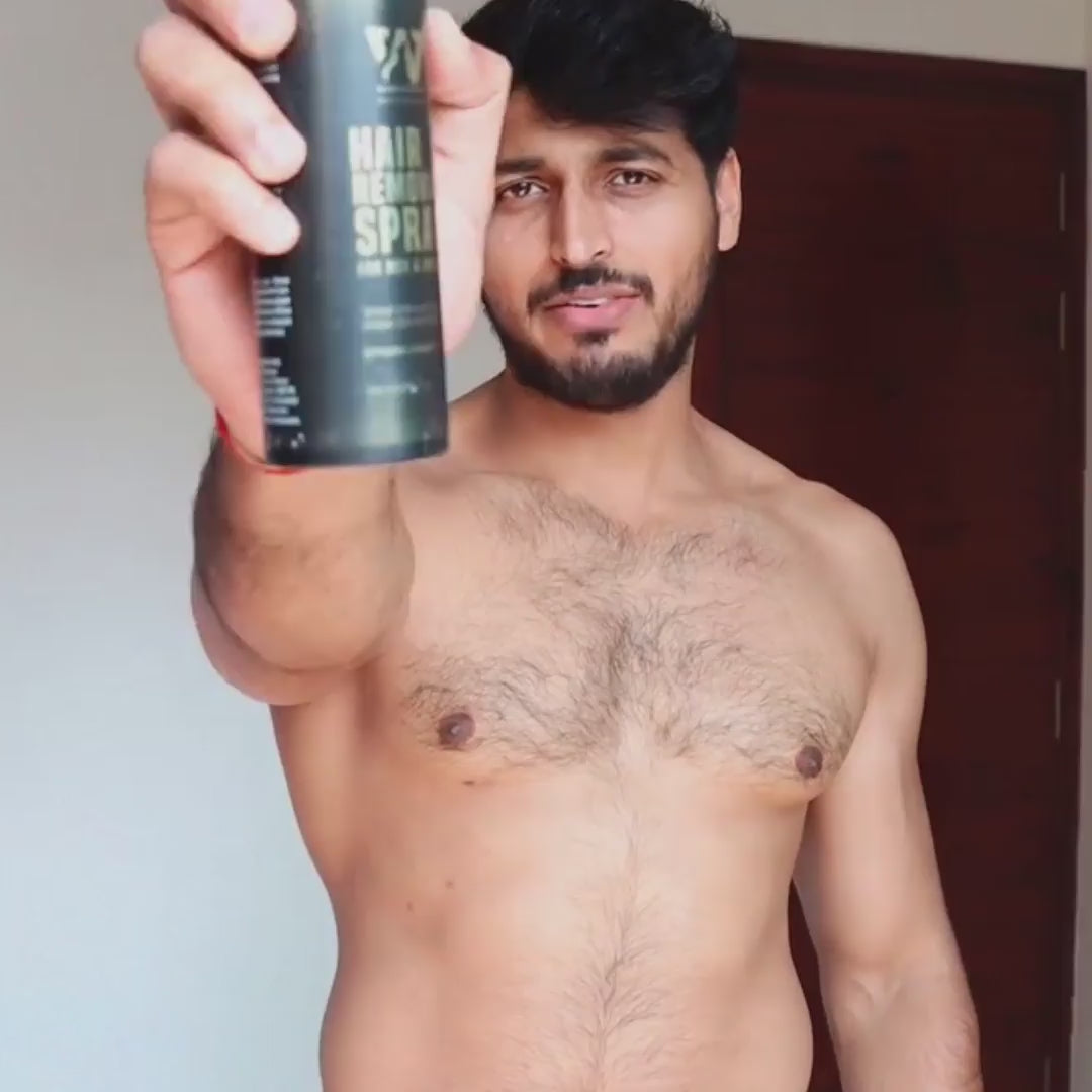 Person applying hair removal spray on chest with smooth, hair-free results – before and after video
